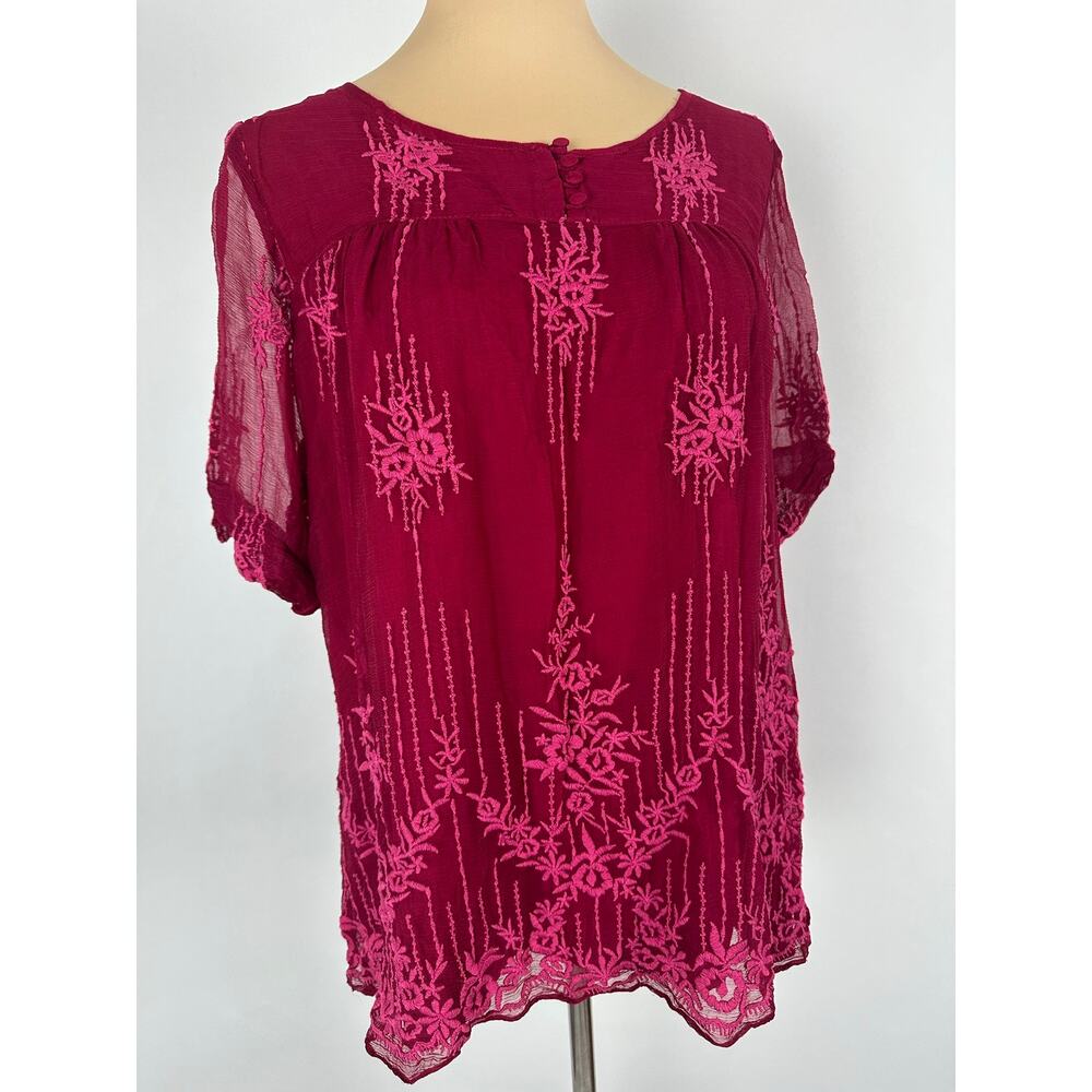 Sundance Cora Embroidered Cupro Tunic Top S Wineberry Pink Red Boho Floral